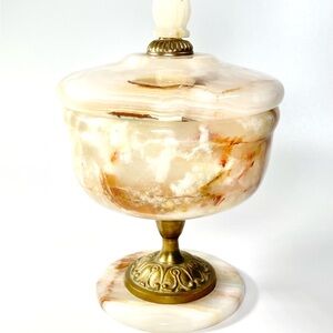 Mid Century Vintage Marble Lidded Bowl with Brass Accents